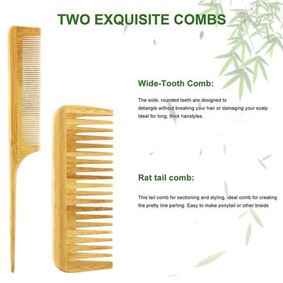 Hair Brush Set, Natural Bamboo Comb Paddle Detangling Hairbrush, Wide-tooth - Picture 6 of 6
